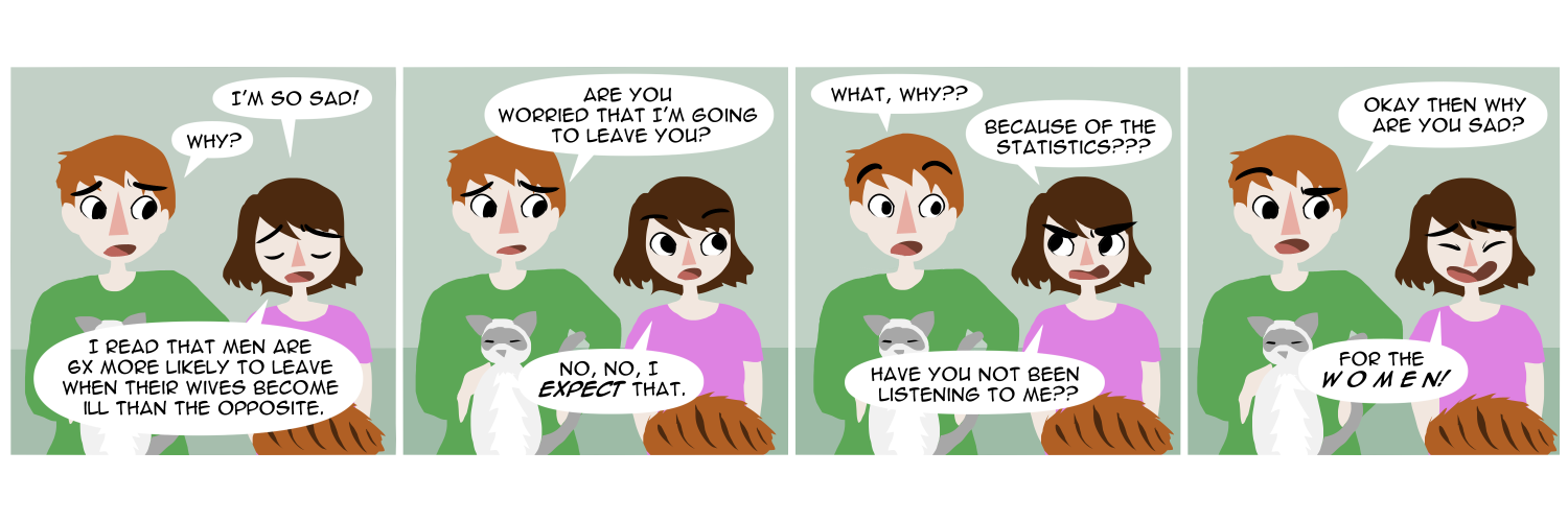 Apocalypse page two hundred seven. Panel one: Famine and Feast sit on their couch, cats in their laps. Famine opens with 'I'm so sad!' Feast, looking concerned, asks her 'Why?' Famine says 'I read that men are six times more likely to leave when their wives become ill than the opposite.' Panel two: Feast, trying to comfort her, says 'Are you worried that I'm going to leave you??' Famins brushes him off with 'No no, I EXPECT that.' Panel three: Feast is so surprised! 'What, why??' Famine snaps 'Because of the Statistics! Have you not been listening to me??' Panel four: Now confused, Famine asks 'Okay, then why are you sad?' Famine wails 'Because of the W O M E N!'       