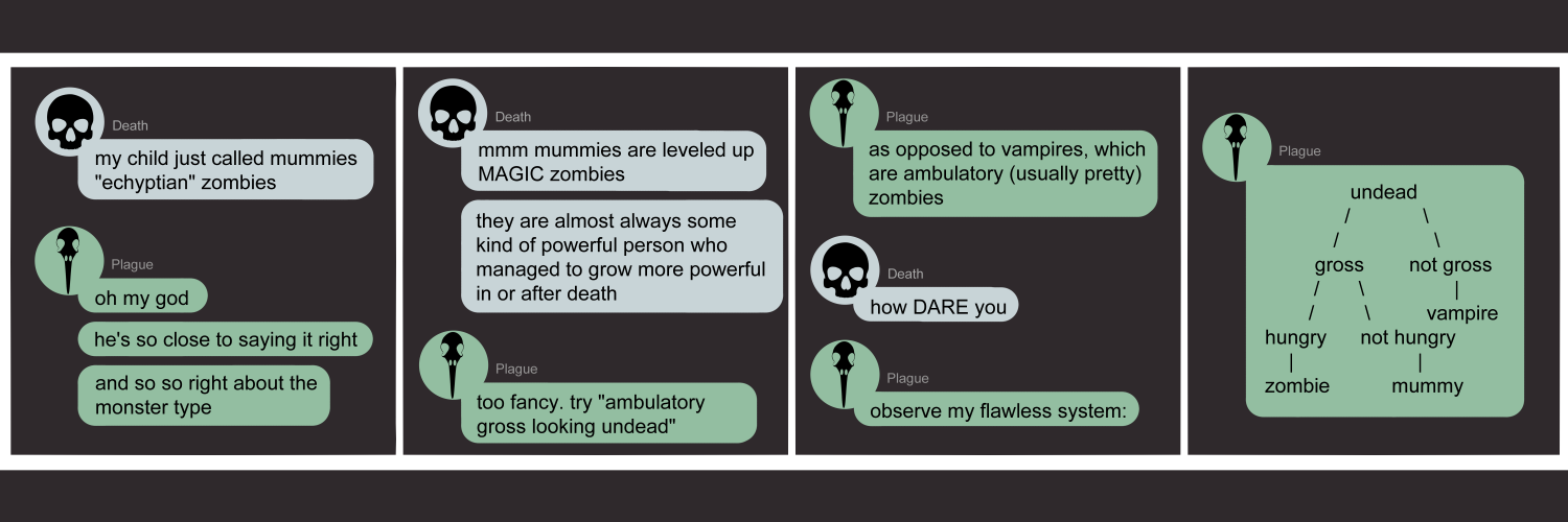 Apocalypse page two hundred seventeen. This is in chat format like Discord or Messenger. Panel one: Death (light blue bubble, black human skull icon) pops in to say 'My child just called mummies 'echyptian zombies'.' Plague (green bubble, black bird skull icon) replies 'Oh my god. He's so close to saying it right! And SO right about the monster type.' Panel two: Death skeptically types 'Mmmm mummies are leveled up MAGIC zombies. They are almost always some kind of powerful person who managed to grow more powerful in or after death.' Plague says 'Too fancy. Try 'ambulatory gross looking undead''. ' Panel three: Plague continues 'As opposed to vampires, which are ambulatory (usually pretty) zombies.' Death gasps 'How DARE you lol.' Plague continues with 'Observe my flawless system. ' Panel four: Plague sends a chart, typed out, that sorts undead into Gross and Not Gross. Under Not Gross she's filed Vampires. Under Gross it branches into Hungry and Not Hungry. Then under Hungry she lists Zombie and under Not Hungry she lists Mummy.  