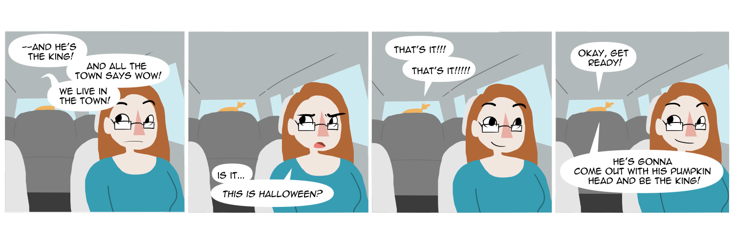 Apocalypse page two hundred sixty six. Panel one: Continued from last week, Death and her toddler daughter Demise are driving somewhere. Demise, answering her mother's request for more detail, says '--And hes the king! And all the town says WOW! We live in the town!' Panel two: Thinking very hard, Death tentatively says 'Is it... This Is Halloween? From Nightmare Before Christmas?' Panel three: From the back seat the little girl cries 'That's it!! That's it!!!' Panel four: A few moments later, as the song plays, Demise tells her mother 'Okay get ready! He's gonna come out with his pumpkin head and be the king!'     